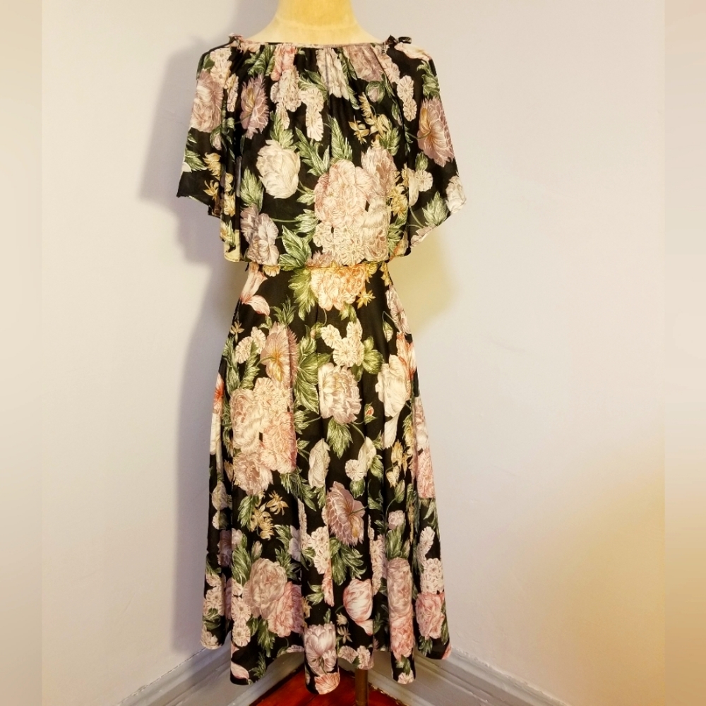 70's VINTAGE MIDI DRESS 80'S FLORA PRINT FLOUNCE SUMMER BOHO RETRO FESTIVAL BOW